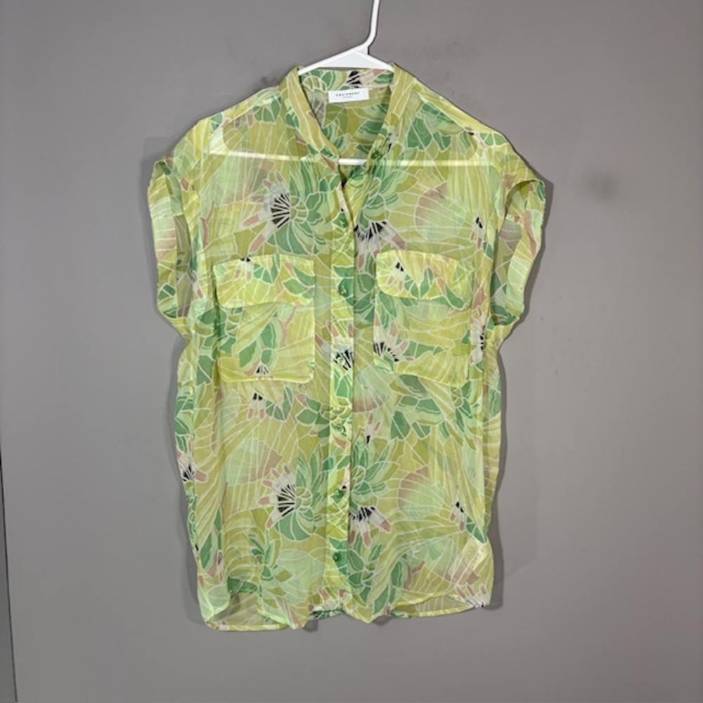 Equipment Blouse Womens Small Green Floral Sheer Silk Cap Sleeve Button Top